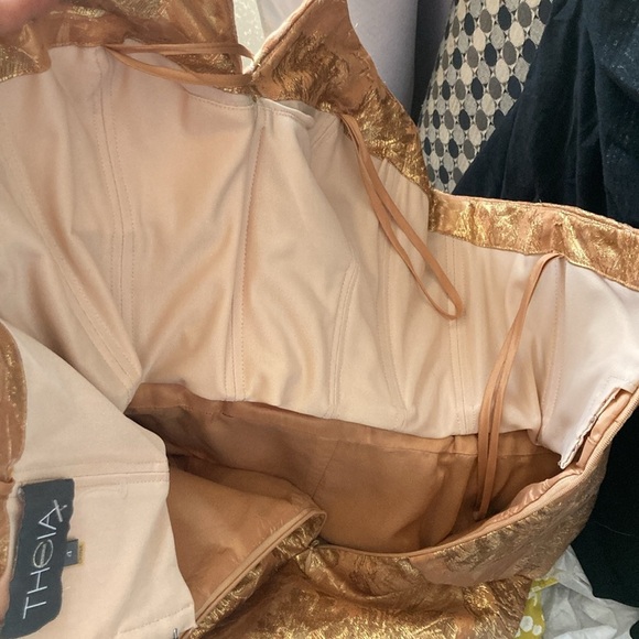 Theia Strapless Sheath Dress Gold Bronze Floral Size 4 - Picture 10 of 14